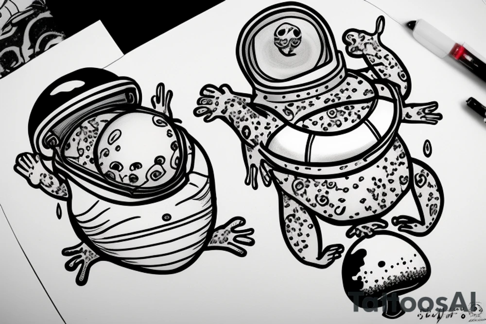 Fat frog sitting on a mushroom holding a space helmet tattoo idea