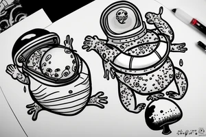 Fat frog sitting on a mushroom holding a space helmet tattoo idea
