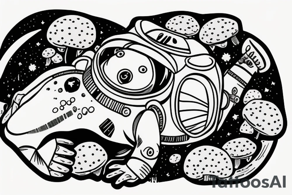 Fat frog sitting on a mushroom wearing an astronaut suit tattoo idea
