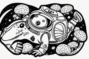 Fat frog sitting on a mushroom wearing an astronaut suit tattoo idea