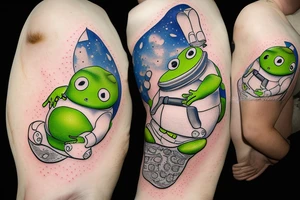 Fat frog sitting on a mushroom wearing an astronaut suit tattoo idea