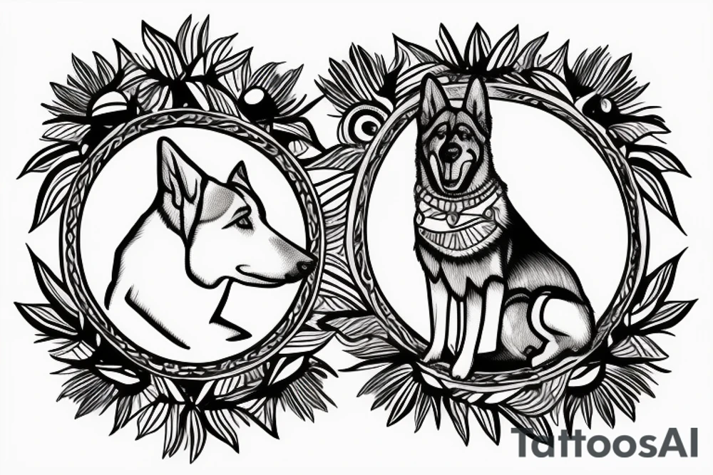 a german shepherd with a moon on a hill tattoo idea