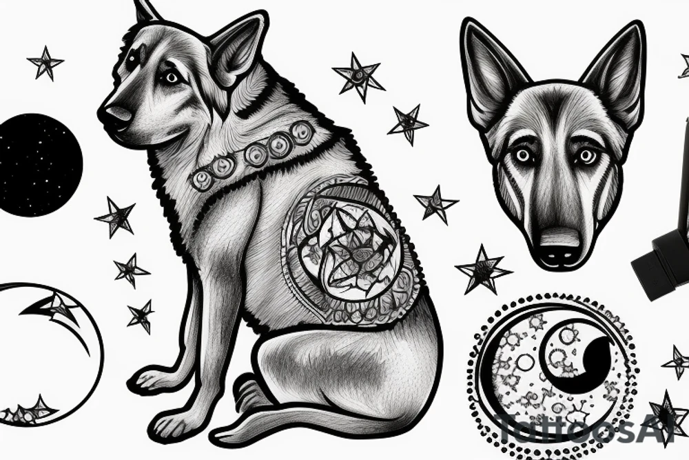a german shepherd with a moon on a hill tattoo idea