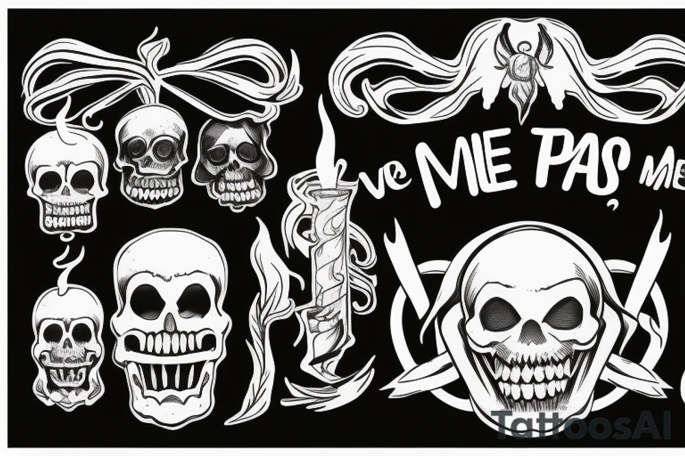 burning wax candle with memento mori as flame and text "this too will pass" printed on the side tattoo idea