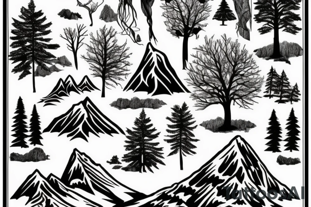Mountains trees and lake tattoo idea