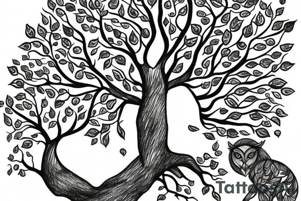 A peaceful tree with a lion and an owl tattoo idea