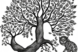 A peaceful tree with a lion and an owl tattoo idea