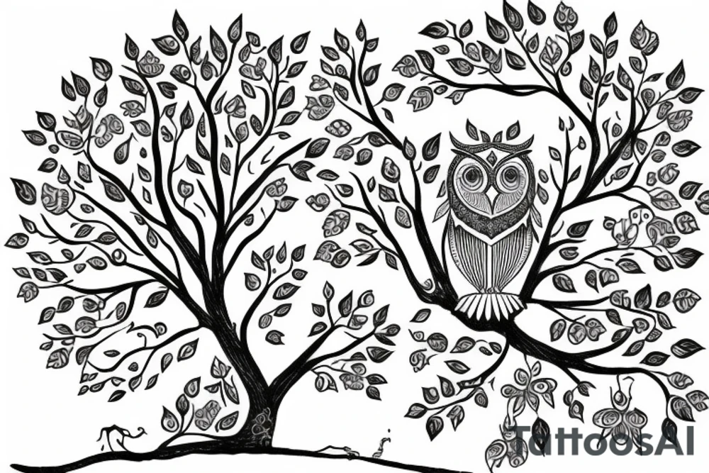 A peaceful tree with a lion and an owl tattoo idea