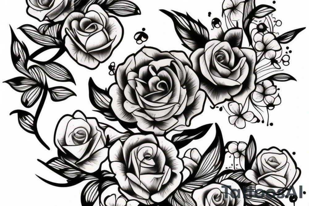 Create a tattoo with delicate flowers in black lines on woman's body tattoo idea
