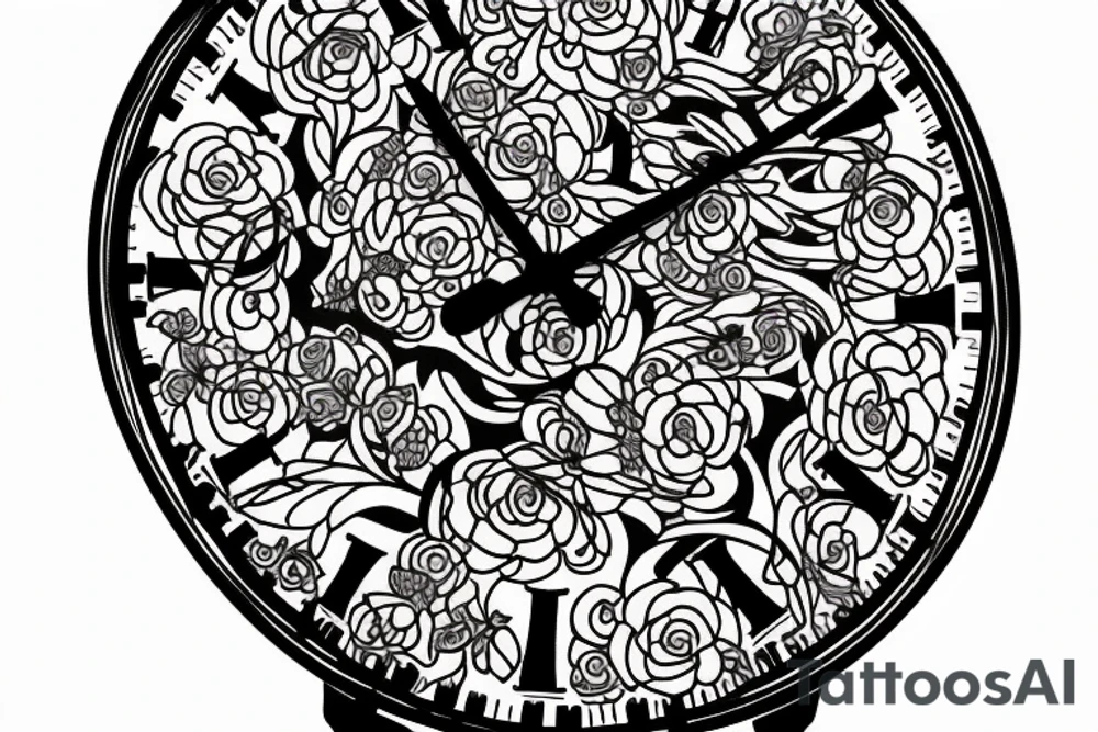 Clock with flowers around and a words above and beliw tattoo idea