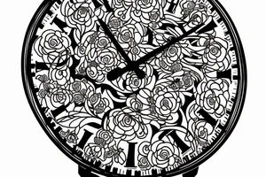 Clock with flowers around and a words above and beliw tattoo idea