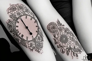 Clock with flowers around and a words above and beliw tattoo idea