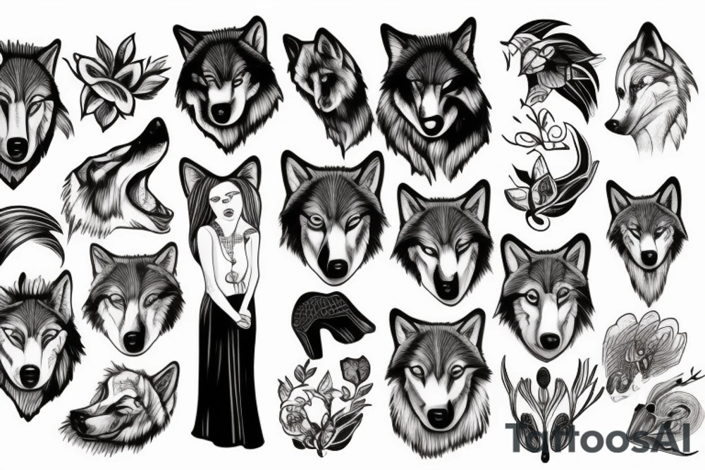 a woman with the head of a wolf tattoo idea