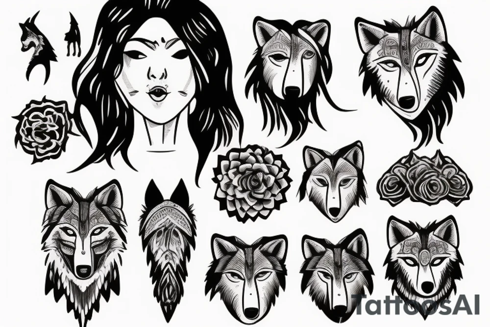 a woman with the head of a wolf tattoo idea