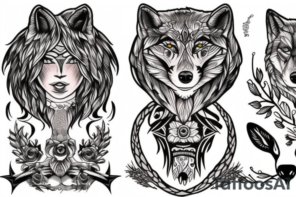 a woman with the head of a wolf tattoo idea