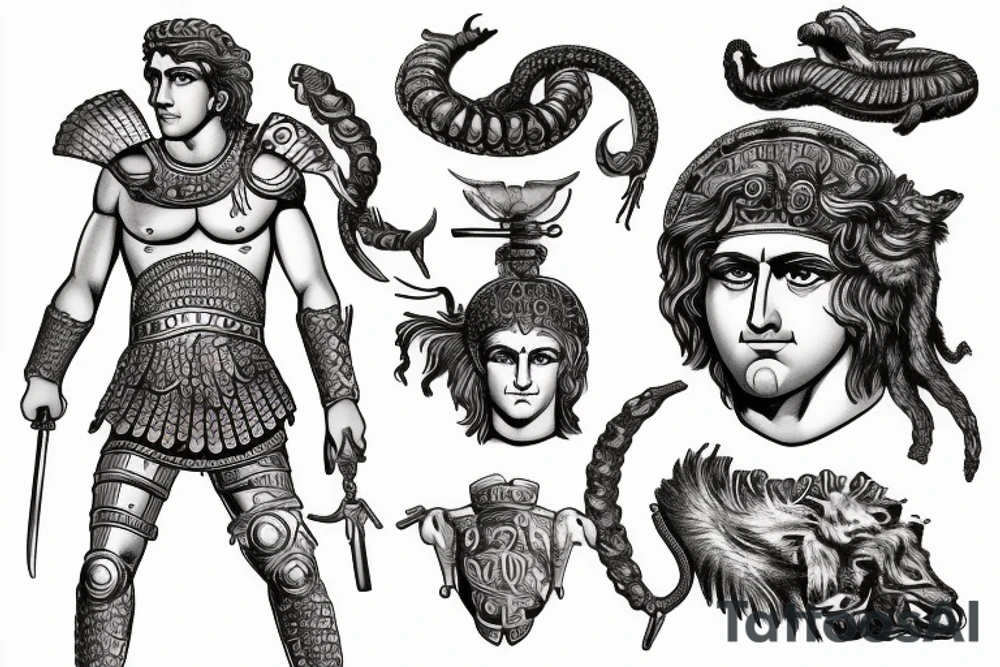 a drawing of alexander the great and his medusa armor tattoo idea