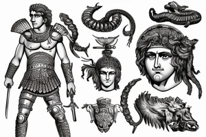 a drawing of alexander the great and his medusa armor tattoo idea