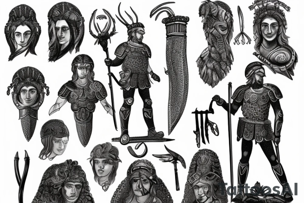 a drawing of alexander the great and his medusa armor tattoo idea