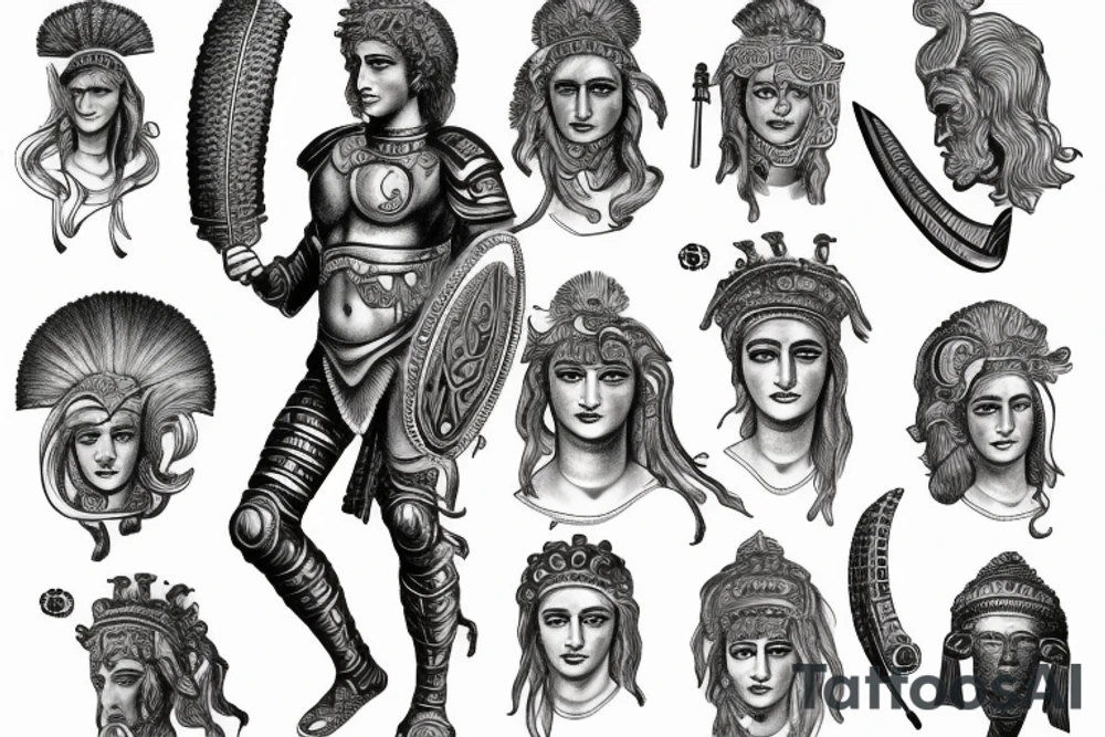 a drawing of alexander the great and his medusa armor tattoo idea