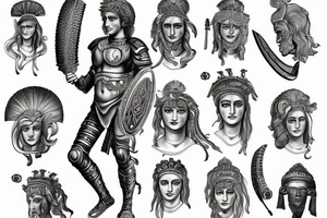 a drawing of alexander the great and his medusa armor tattoo idea