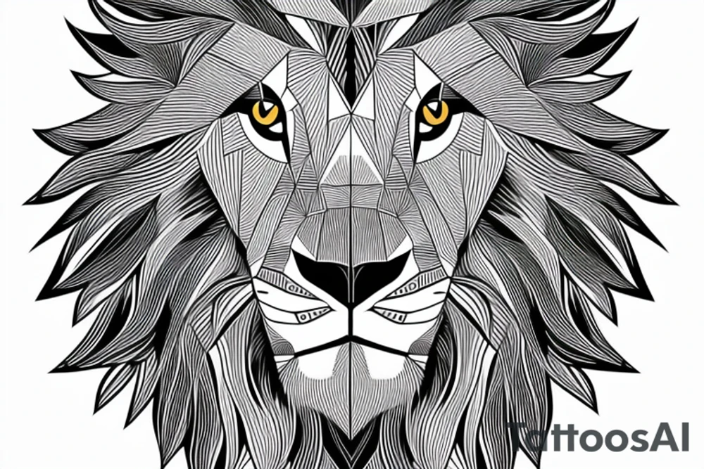 Geometric lion portrait with confident look in eyes and mouth open tattoo idea