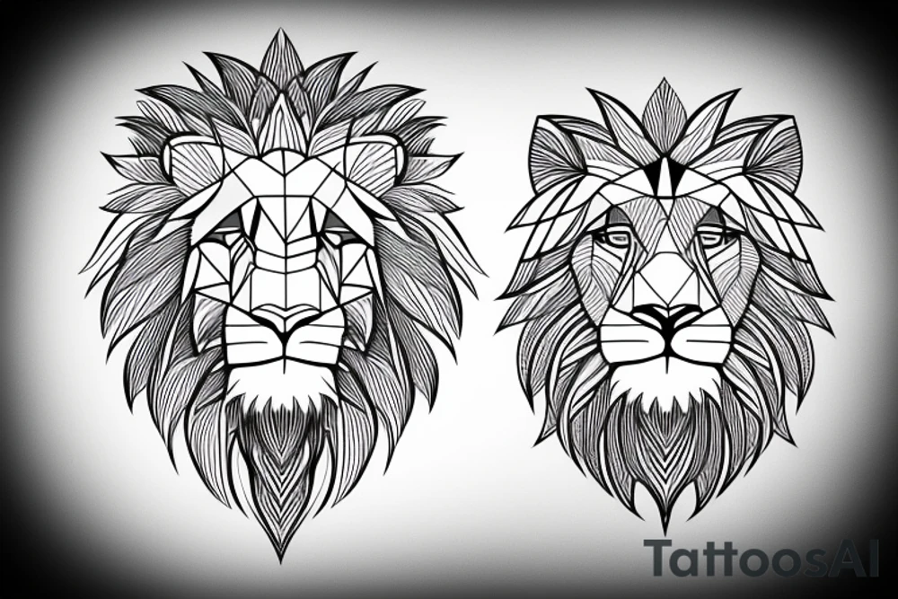 Geometric lion portrait with confident look in eyes and mouth open tattoo idea