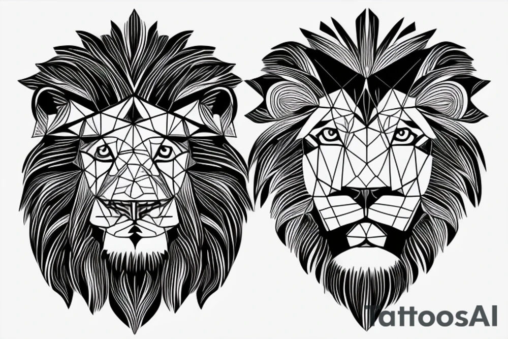 Geometric lion portrait with confident look in eyes and mouth open tattoo idea