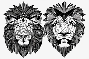 Geometric lion portrait with confident look in eyes and mouth open tattoo idea