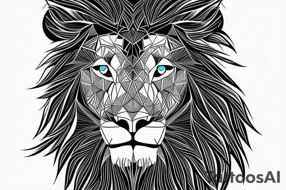 Geometric lion portrait with confident look in eyes and mouth open tattoo idea