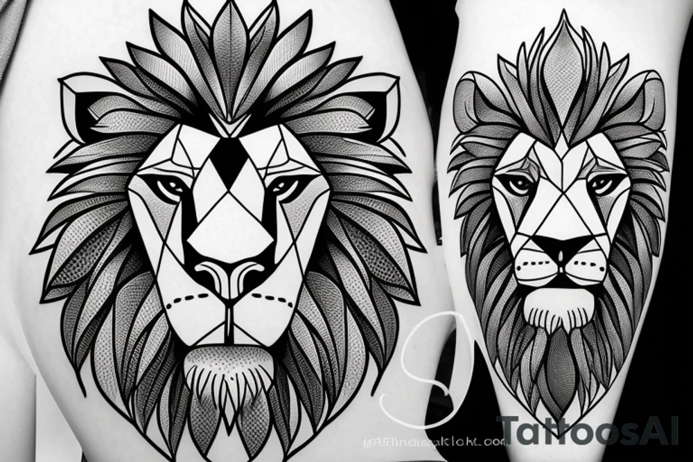 Geometric lion portrait with confident look in eyes and mouth open tattoo idea