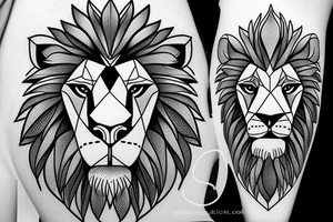 Geometric lion portrait with confident look in eyes and mouth open tattoo idea