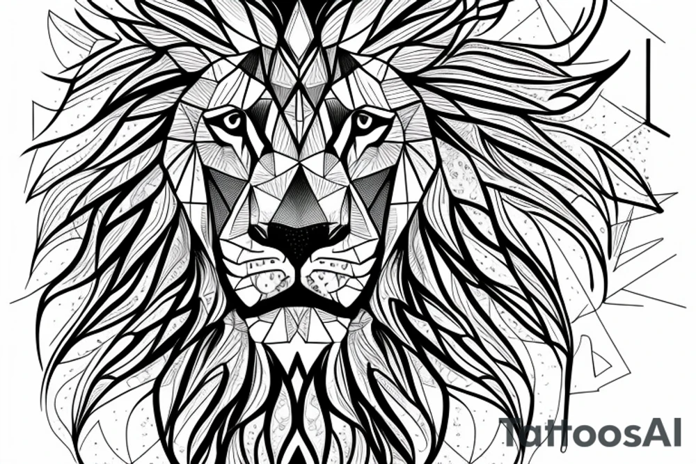 Geometric lion portrait with confident look in eyes and mouth open tattoo idea
