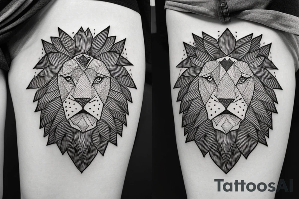 Geometric lion portrait with confident look in eyes and mouth open tattoo idea