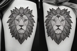 Geometric lion portrait with confident look in eyes and mouth open tattoo idea