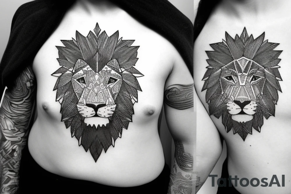 Geometric lion portrait with confident look in eyes and mouth open tattoo idea