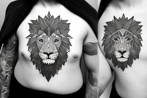 Geometric lion portrait with confident look in eyes and mouth open tattoo idea