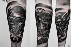 Tattoo at the inside of a forearm from wrist to elbow, mitates irregularly torn off skin under which there is a cybernetic mechanism with cables and pistons tattoo idea