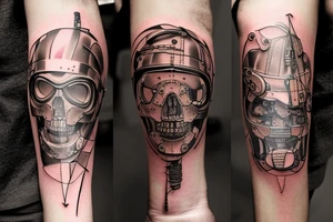 Tattoo at the inside of a forearm from wrist to elbow, mitates irregularly torn off skin under which there is a cybernetic mechanism with cables and pistons tattoo idea