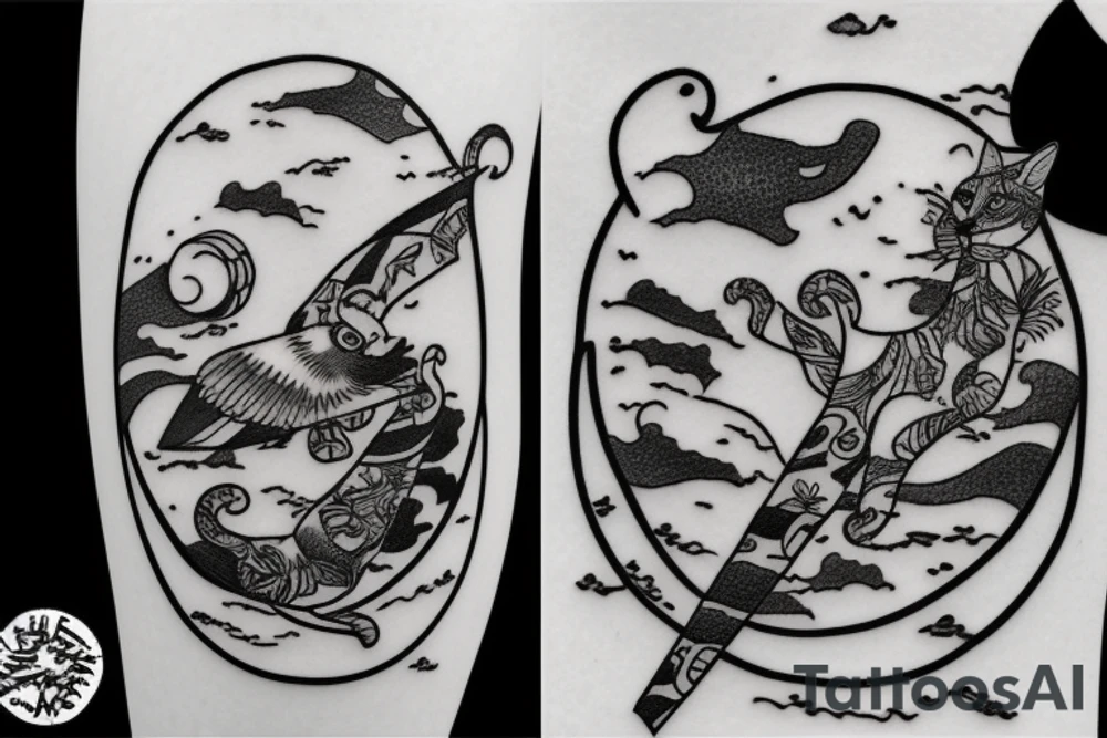 A cat flying in desert on a kite tattoo idea