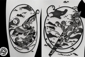 A cat flying in desert on a kite tattoo idea