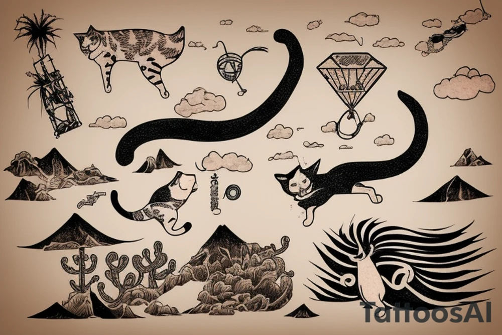 A cat flying in desert on a kite tattoo idea