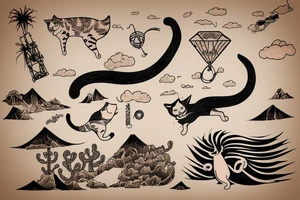 A cat flying in desert on a kite tattoo idea