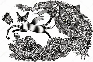 A cat flying in desert on a kite tattoo idea