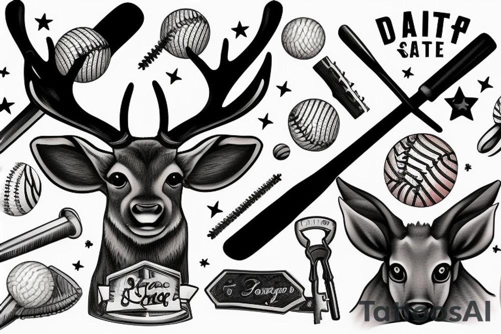 A stag playing baseball with a key as a bat tattoo idea