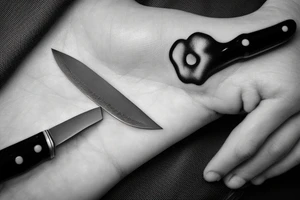 hand holding a knife with a cherry at the tip tattoo idea
