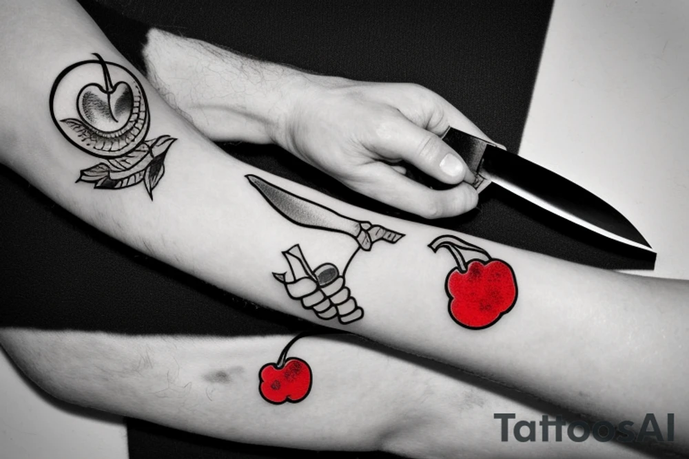 hand holding a knife with a cherry at the tip tattoo idea