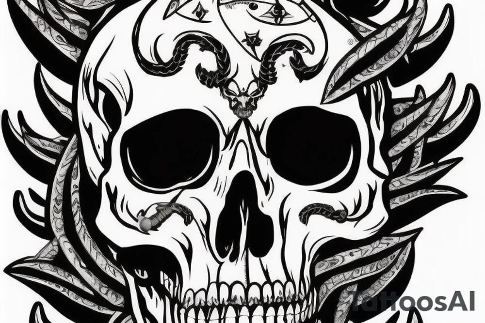 a skull that has covered on his eyes with devil horn. The skull has a third eye tattoo idea