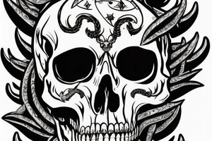 a skull that has covered on his eyes with devil horn. The skull has a third eye tattoo idea