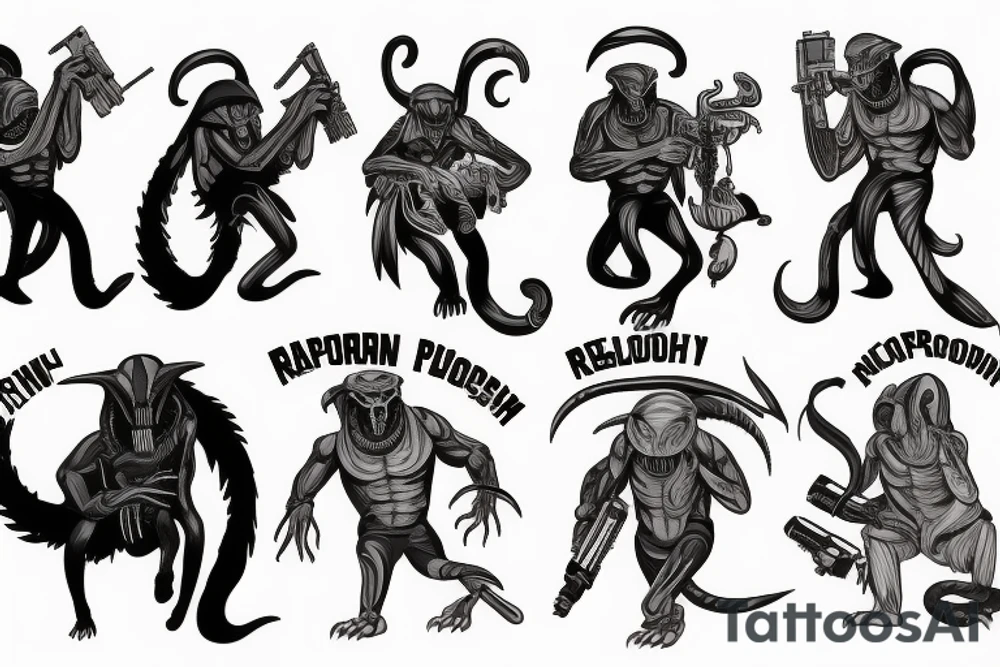 xenomorph fighting a mafia racoon with guns tattoo idea