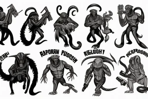 xenomorph fighting a mafia racoon with guns tattoo idea